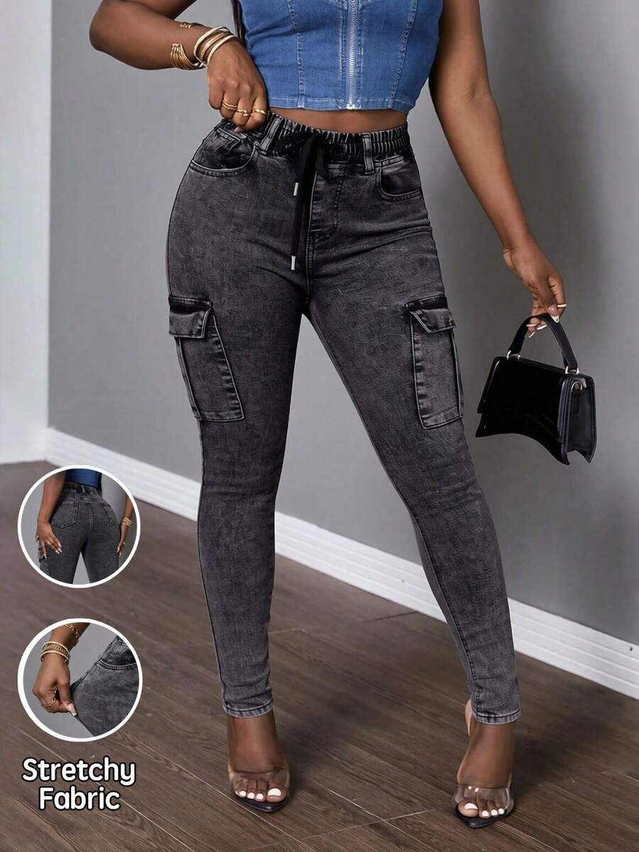 Pantalones pitillo cargo ajustados de mezclilla  lavado, elasticidad media con cordón - Gris - Ver 1