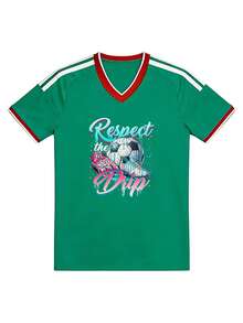 Camiseta de Estilo Deportivo Casual para la Temporada de Fútbol 2026, Jersey con Cuello en V 'Respect The Drip', Camiseta de Verano para Aficionados al Fútbol, para Hombres y Regalos - Verde - Ver 3
