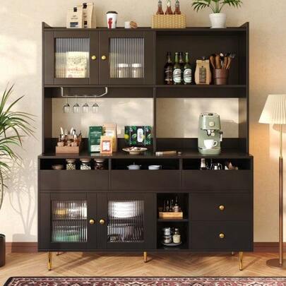 Esszimmer-Hochschrank (145 X 39 X 171 Cm) With Lochglastüren, Weinglasregal, Mehrstufigem Stauraum, Edles Schwarz Mit Golddekor, Geeignet Für Den Einsatz Im Esszimmer (Previous Sku: N620P1915222324S)
