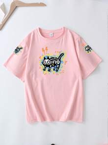Plus Size Women's Casual Fried Cat Print Round Neck T-Shirt, Sleeve Print Short Sleeve Suitable For Daily Wear, Beach Vacation; Suitable For Daily Wear, Outings, Travel, Beach, Parties, Women's Summer Outfits, Women's Vacation Outfits Pink - Pink - View 2