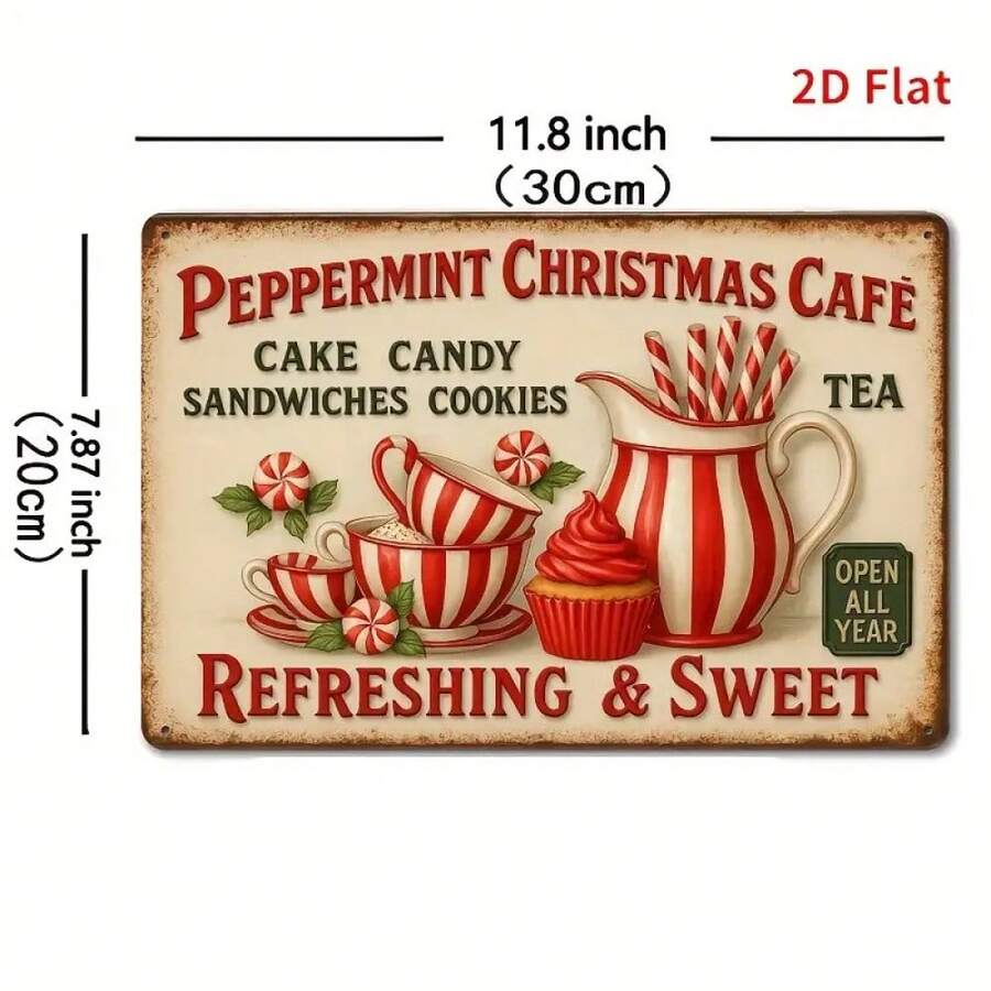 2D Flat - This Is A Vintage-Style Metal Wall Sign Featuring A 2D Flat Design, Measuring 8"X12" (20.32X30.48Cm). It Showcases A Retro Candy Shop Theme With Peppermint And A Red And White Striped Pattern - 1PC - View 1
