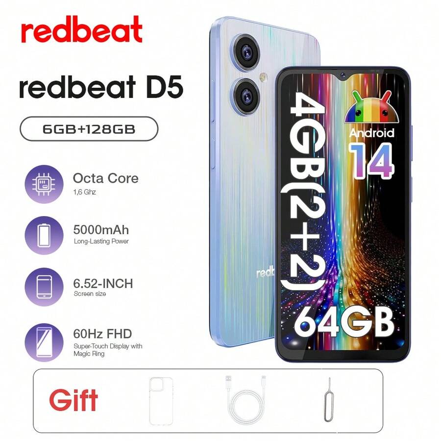 Redbeat D5 4G LTE 无锁智能手机，64GB 存储 + 2GB 内存，5000mAh 全天候电池，6.52 英寸护眼高清显示屏，Android 14 系统，双卡双待，Type-C 快速充电 - 藏蓝色 - 查看 1