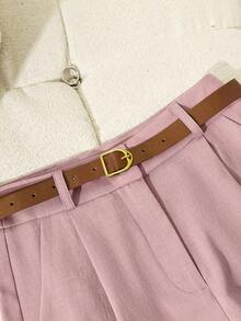 Conjunto de dos piezas para mujer, rosa palo, blazer y shorts con cinturón.Tejido texturizado transpirable y cómodo, ideal para primavera-verano, trabajo y looks elegantes casuales. - Blanco - Ver 10