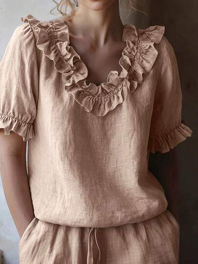 Women's French Ruffled V-Neck Linen Blend Blouse, Bubble Short Sleeve Breathable Loose Casual Top, Suitable For Daily Work/Date/Beach, Multifunctional Spring/Summer Vacation Outfit