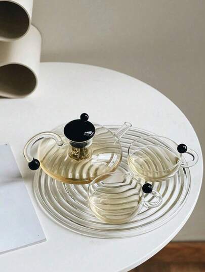 1 Set Japanese Minimalist Style Transparent Glass Tea Set, Including Flat Round Teapot With Built-In Tea Filter, Heat-Resistant Silicone High Borosilicate Glass Teapot And Cups. Suitable For Family Gatherings, Afternoon Tea, Daily Home Tea Brewing, Can Be Heated On Stove. Ideal Gift For Sisters' Gathering, Housewarming, Wedding, Birthday, Valentine's Day And Other Occasions.