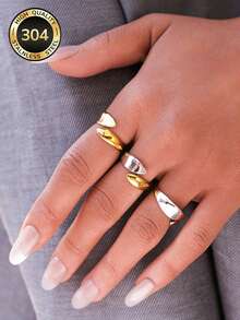 Uself 3pcs/1pc Fashion Dual-Tone Teardrop Open Ring, 18K Gold Plated 304 Stainless Steel Ring, Minimalist Geometric Style Ring, Suitable For Women, Teenage Girls & Various Occasions, Women's Jewelry, Western Jewelry, Brand Women, Holiday Gift - Multicolor - View 4