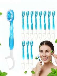 12/10/8/4/1pcs Set: Pre-Coated Toothbrush Set - Mini Travel Toothbrush. 5-In-1 Pre-Packed Mini Toothbrush, Includes Floss, Toothpick And Tongue Cleaner. Portable Fresh Toothbrush - Individually Packaged, Suitable For Work And Travel. Tongue Scraper, Made Of Stainless Steel, Includes Interdental Cleaning Brush And Gum Massager. - Blue Mint Flavor - View 2