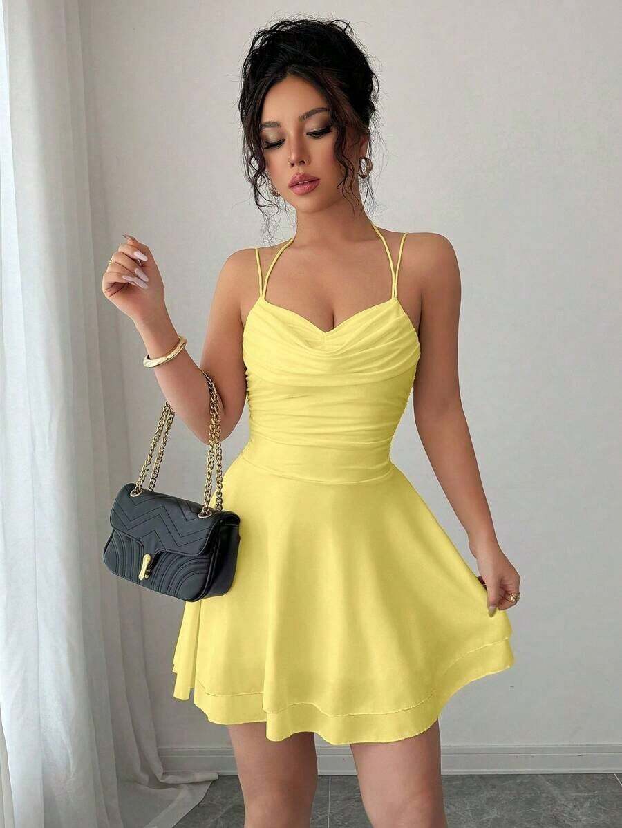 Vestido rosa color sexy con espalda descubierta y sin mangas, con pliegues, ideal para cumpleaños, conciertos, citas nocturnas, verano, fiestas de piscina y graduación - Amarillo - Ver 1