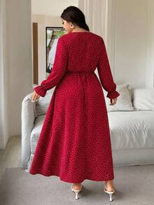 Elegante vestido largo de lunares rojos de manga larga para mujer de talla grande, vestido casual de túnica con cuello redondo para vacaciones - Rojo - Ver 4