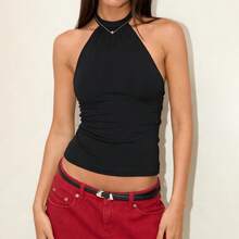 Top liso con cuello Halter para mujer, chaleco plisado sin mangas con espalda descubierta, Top Sexy de verano 2026, Top ajustado elegante a la moda para mujer - Negro - Ver 4