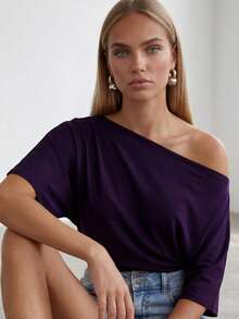 Women's Solid Color Asymmetric Shoulder Casual Everyday T-Shirt - Violet Purple - View 1