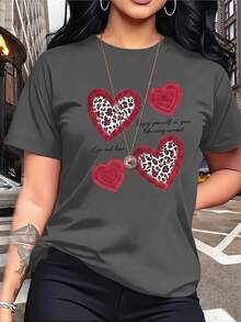 Amiam Bmian Women Casual Short Sleeve Round Neck T-Shirt With Leopard Heart Print Regular Fit Polyester Top - 灰色 - 查看 2