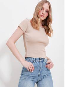 Women Beige Ribbed Short Sleeve Crop Top Designed For Effortless Everyday Styling And Sleek Casual Looks. - Black - View 4