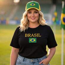 Plus Size T-Shirt, 100% Cotton, Crew Neck, Brazil Flag, Large Size Fashion - màu đen - Xem 1