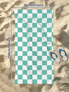 1pc Checkered Print Beach Towel, Large Size, Soft & Absorbent Striped Beach Bath Towel, Suitable For Travel, Vacation, Sports, Bathroom, Swimming Pool And Camping, Highly Absorbent Material - Mint Green - View 12