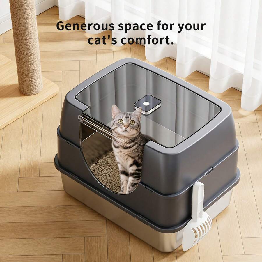 Stainless Steel Cat Litter Box With Lid – Extra Large Enclosed Litter Box For Cats, Non-Sticky Metal Pan With High Sided Enclosure & Scoop, Front & Top Entry, Anti-Leakage, Easy Cleaning & Hygienic Bacteria-Resistant Design - one-size - View 1