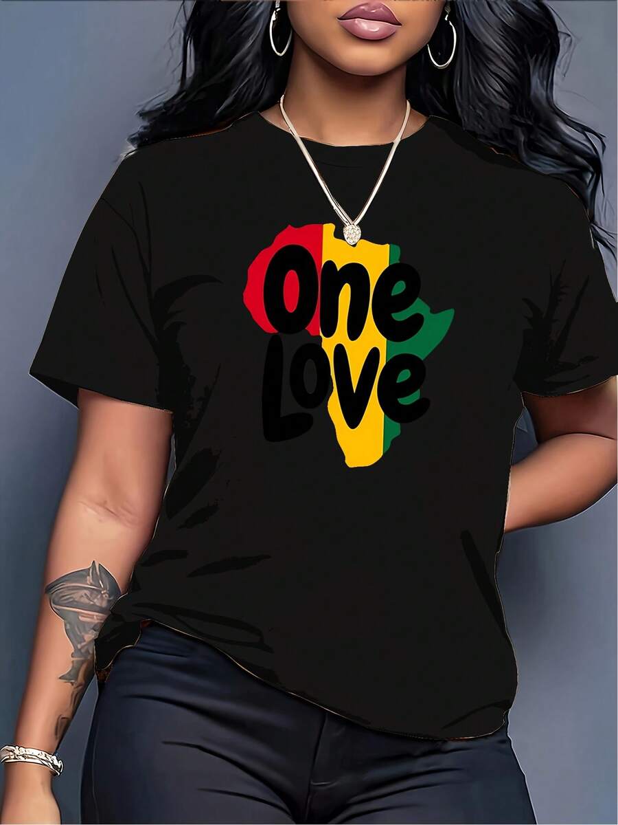 Camiseta ONE LOVE Pan-African Colors -Inspired - Africa Map Outline & Reggae Graphic, Top de manga corta de cuello redondo casual parrimavera verano otoño, ropa cultural lavable en máquina con impresión de letra audaz y diseño verde/amarillo/rojo/negro/dorado vibrante, ust relajado para ropa casual, máquina de impresión digital lavable sin limpieza en seco, camiseta de manga corta de cuello redondo casual con impresión de carta ONE LOVE