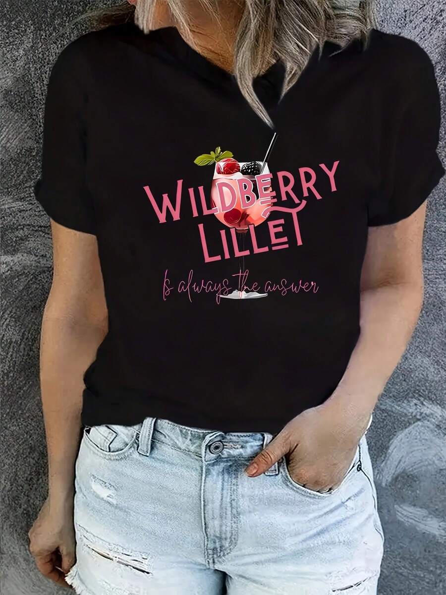 Women's Black Casual T-Shirt With Wildberry LITTLE Graphic Print - Crew Neck, Short Sleeves, Geometric Design And Color Blocking, All-Day Comfort, Regular Wear For Casual Wear, Ladies' T-Shirts, Comfortable T-Shirt, Playful Design, Durable T-Shirt - 黑色 - 查看 1