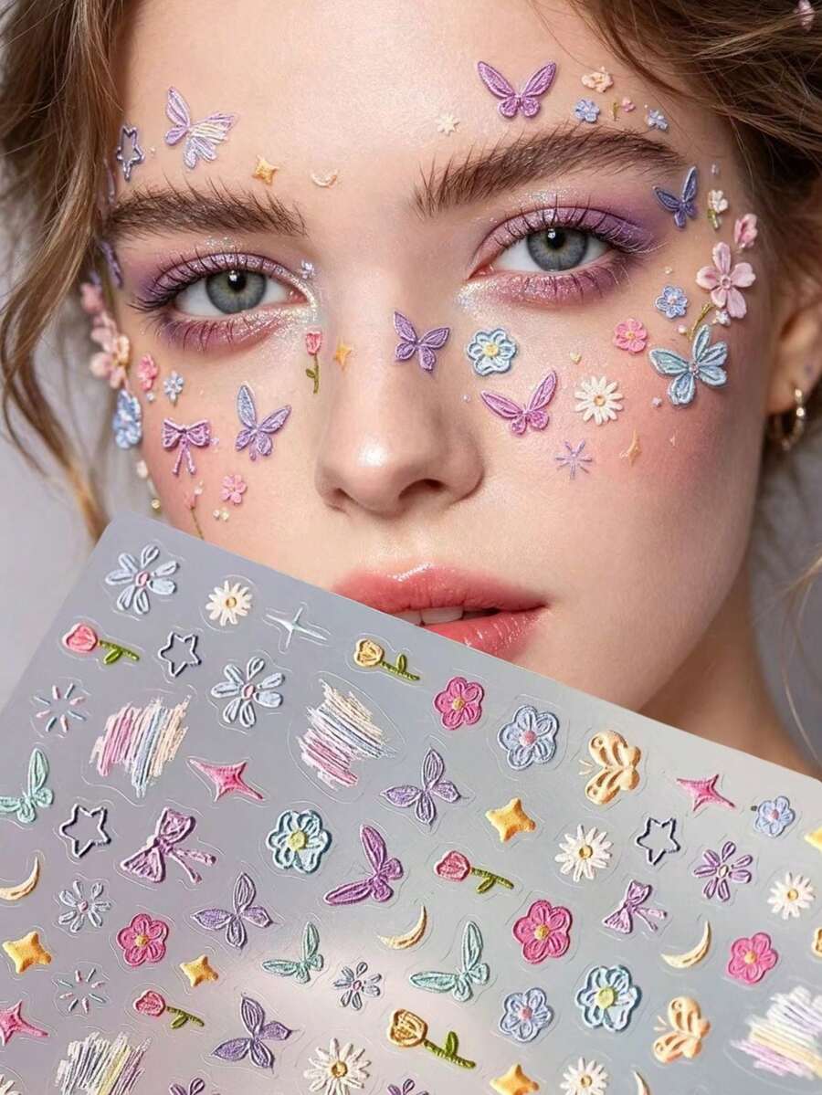 1pc 3D Butterfly & Flower Face Stickers, Stereo Embossed Makeup Stickers, Waterproof & Long-Lasting, Suitable For Spring Photos, Music Festivals, Traditional Chinese Costume Makeup - Multicolor - View 1
