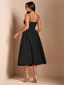 Elegante vestido largo sin mangas con manga abultada para mujer, adecuado para citas diarias, salidas, discotecas, fiestas, temporada de otoño - Negro - Ver 2