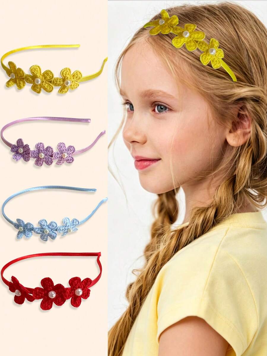 1/2/4pcs Pearl Flower Headbands - Cute Knitted Hair Accessories For Girls, Soft For Daily & Party Use (Yellow/Blue/Purple/Red) - Multicolor - View 1