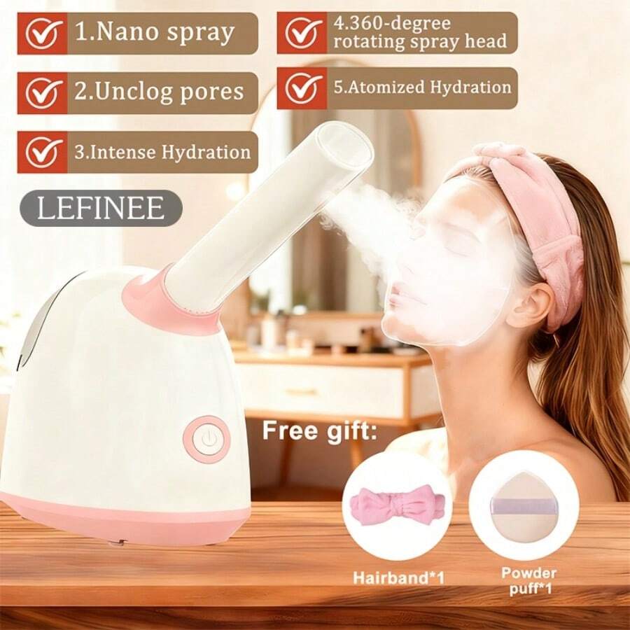 Home Use Facial Nano Ion Steamer, Warm Mist Humidifier Sprayer, Suitable For Facial Sauna SPA Sinus Moisturizing, Unclog Pores, Deep Cleansing, Facial Hydration - White Pink - View 1