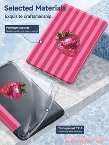 Rose Pink Striped & Shiny Strawberry Pattern Protective Case, 3+Y Foldable Anti-Bend, Built-In Pen Slot, Reinforced Silicone Corners, Auto Wake/Sleep Function, Perfect Daily Protection, Valentine's Day, Christmas, Spring Romantic Gift, Cute Y2K Style, Fashionable Minimalist Pattern - Multicolor - View 11