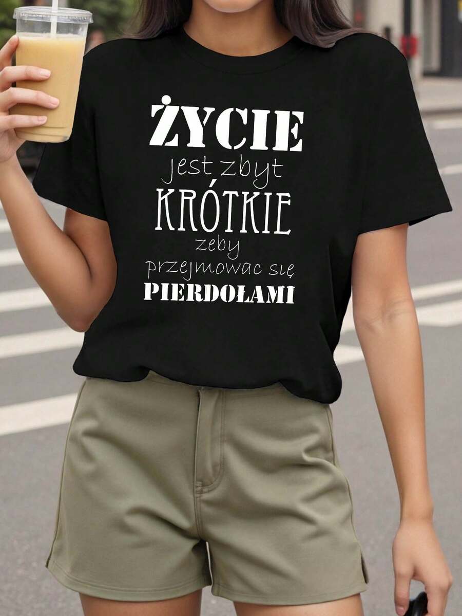 Impresión de texto polaco Mujeres primavera - verano corto - manga tripulación - cuello casual T - camiseta, ocio diario, regalo de vacaciones