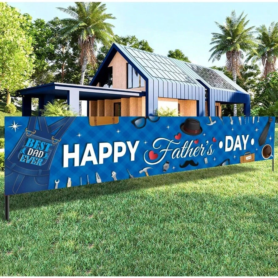 1Pc Happy Father's Day Banner - Blue Happy Fathers Day Yard Banner | Happy Fathers Day Decorations For Party | Happy Father's Day Backdrop For Father's Day Party Decorations, Waterproof, Durable And Wear-Resistant, Washable, Best Choice For Celebrating Holidays Or Events, For Indoor Or Outdoor Use, Front Patio, Lawn, Garden, Porch, Fence, Celebrations, Ideal For Father's Day  Decorations - 樣式 2 - 查看 1