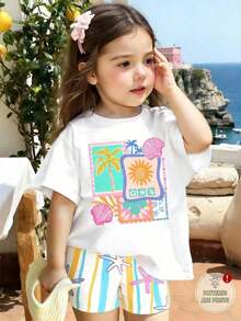 Short-Sleeved T-Shirt With Round Neck And Hibiscus Floral Print And Slogan, Minimalist And Fresh Casual Style For Teenage Girls, Ideal For Summer. - 軍綠色 - 查看 4