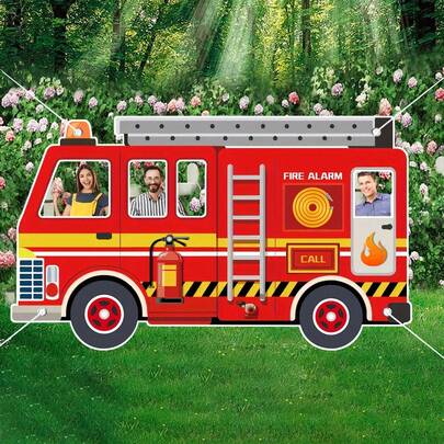 1pc Fire Theme Hollow Background Cloth, Party Supplies With Fire Truck Window Hollow Design, Polyester Fabric, Durable And Washable, Suitable For Theme Parties, Gatherings, Indoor/Outdoor Decoration, Funny And Interesting