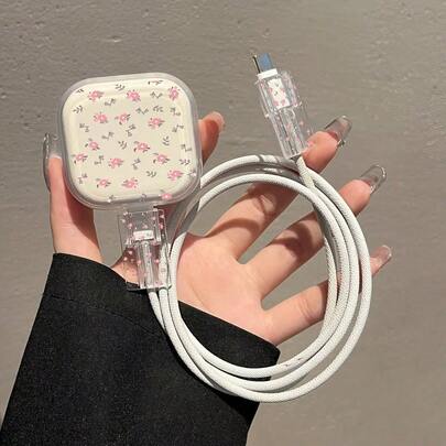 3-In-1 Pink Floral Pattern Transparent Charging Case, Protector, Cable For IPhone 13/14/15/16, UK Standard 18W/20W Charger, Gift Set