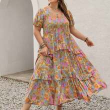 Women Plus Size Multicolor Floral Print V-Neck Short Sleeve Multi-Layer Lotus Leaf Hem Long Dress Boho Easter Beach Outfits Hawaii Music Festival Tropical Vacation Elegant Summer - Gris - Ver 1