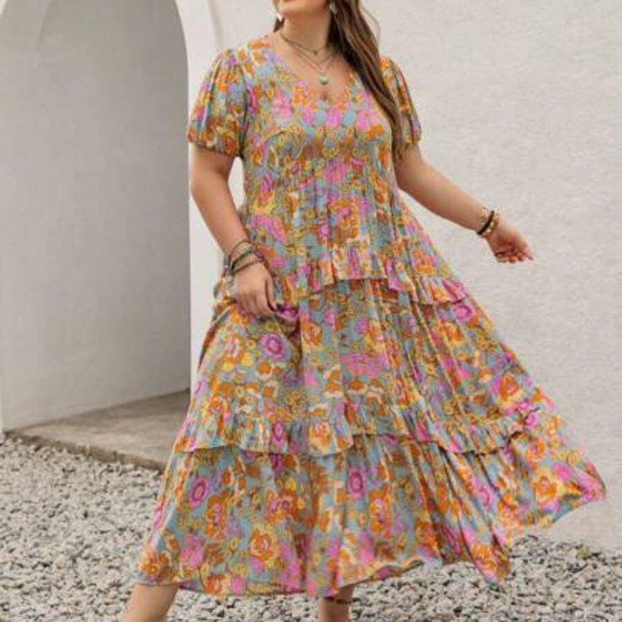 Women Plus Size Multicolor Floral Print V-Neck Short Sleeve Multi-Layer Lotus Leaf Hem Long Dress Boho Easter Beach Outfits Hawaii Music Festival Tropical Vacation Elegant Summer - Gris - Ver 1
