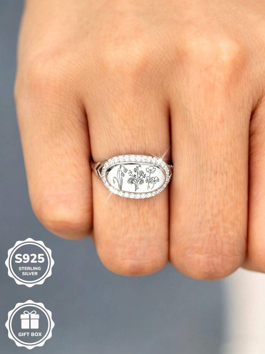 1pc S925 Sterling Silver Minimalist Line Floral Engraved Ring, Daily Wear Valentine's Day Gift Choice, Comes With Gift Box.