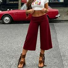 Women Fold Over Lounge Capris Wide Leg Cropped Flowy Gaucho Pants Comfy Casual Yoga Coluttes Pajama Bottom - Màu Đỏ Sâu - Xem 3