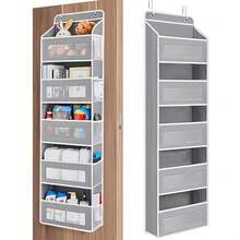 FF FINESSE THING 5-Tier Door Hanging Storage Organizer, Heavy-Duty Non-Woven With 5 Large Pockets & Hooks, Vertical Space Saver For Bathroom Wardrobe Bedroom Dorm, Holds Cosmetics, Toiletries, Towels & Cutlery - 灰色-5層10口袋 - 查看 4