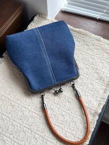 Tas Selempang Kulit PU untuk Wanita, Tas Tangan dengan Gesper Bergaya Vintage, Tali Bahu yang Dapat Diatur, Tas Bahu Tunggal Ringan Warna Polos dengan Lapisan Poliester - Biru - View 8