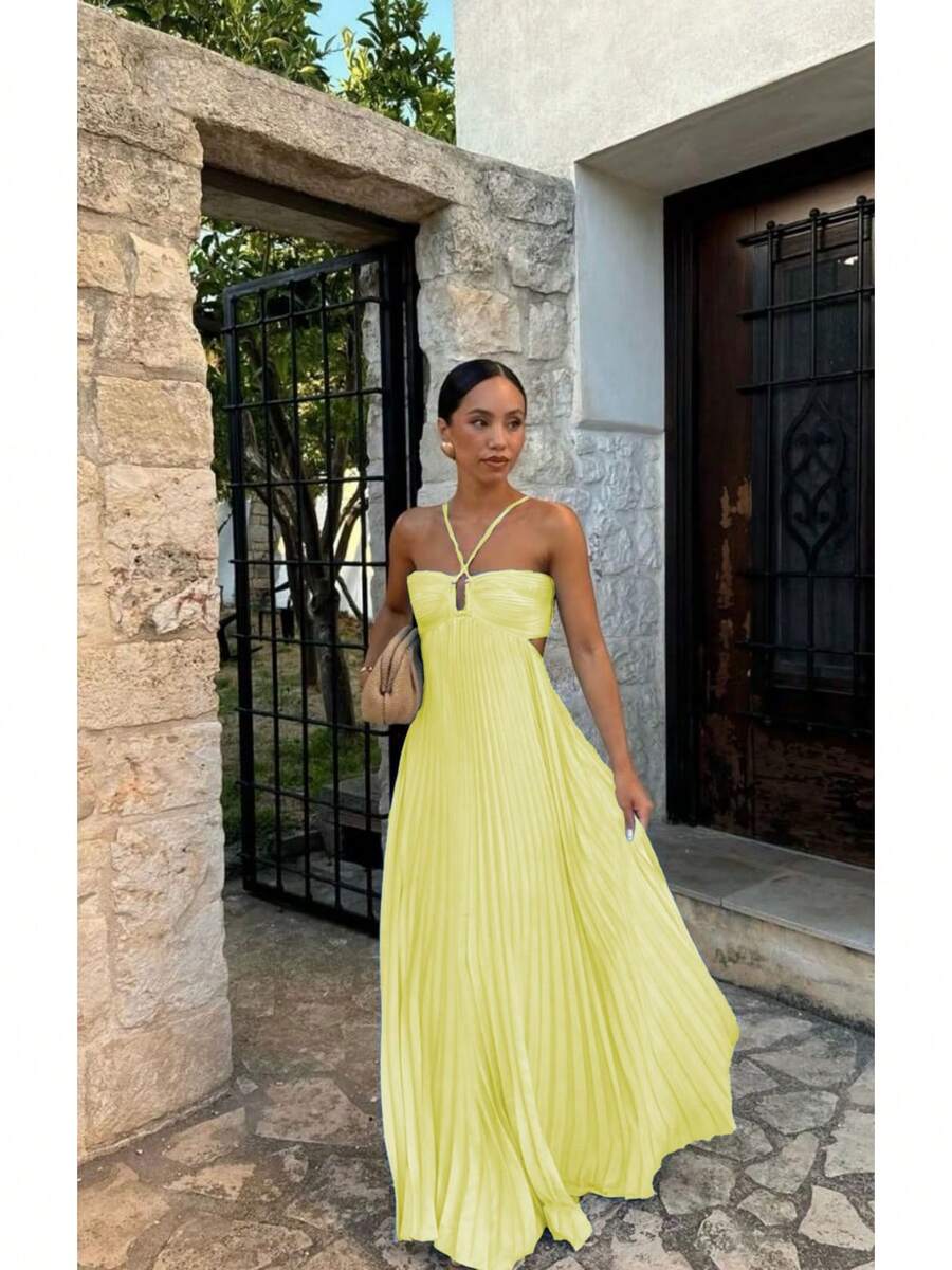 Women's Pleated Halter Neck Maxi Dress, Crisscross Straps Cutout Waist Evening Gown - 淺黃色 - 查看 1