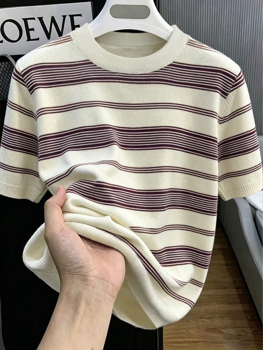 Men's Summer Round Neck Knit Striped Contrast Color Casual Pullover - White - View 1