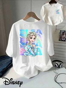 Disney Elsa Double-Sided Printed T-Shirt, Short-Sleeved Round Neck Casual Top, Suitable For Summer And Spring, Short-Sleeved Top, Women'S Clothing - 白色 - 查看 1