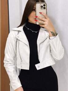 Women's White Faux Leather Jacket With Zipper And Buttons – Modern And Elegant, São João 2026 Fashion - POWERFUL LOOK - trắng - Xem 6