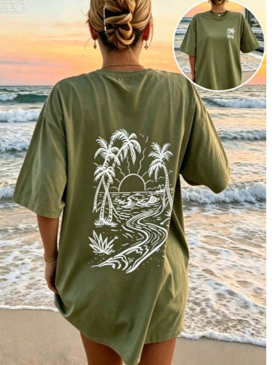 Plus Size Everyday Casual Tee With Round Neck And Short Sleeves, Green Regular Fit Shirt In Comfortable Slight Stretch Fabric - 綠色 - 查看 1