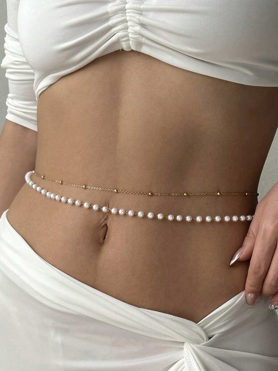 1 chiếc dây chuyền đeo thân hai lớp bằng thép không gỉ mạ vàng 18K thời trang, kiểu dáng tối giản, đính ngọc trai. - Vàng - Xem 1