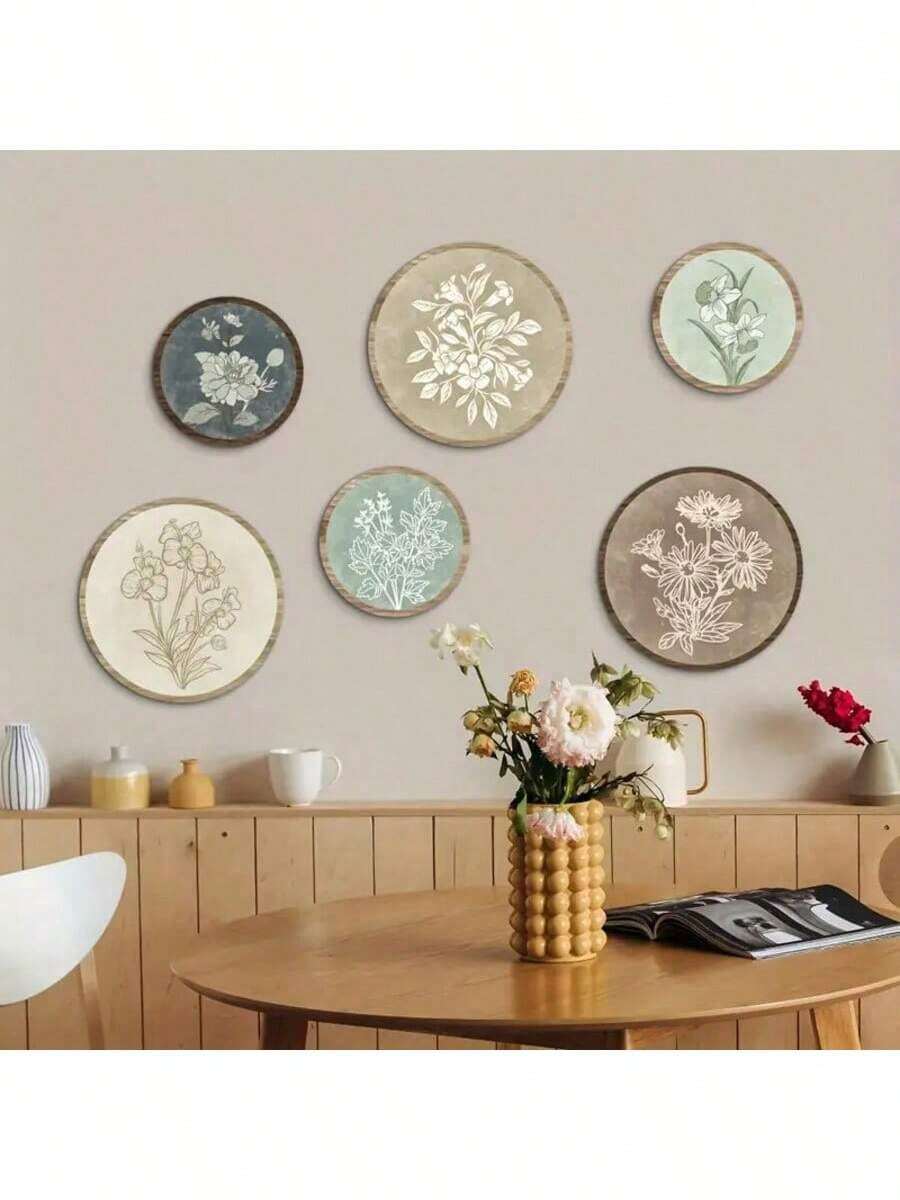 6 piezas Decoración de pared floral de madera redonda en estilo neutro, arte de pared floral de estilo bohemio, decoración floral de madera minimalista, adecuada para sala de estar, dormitorio, entrada, decoración del hogar estética, regalo de inauguración de la casa - Multicolor 1 - Ver 1