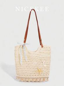 Bolso de hombro de diseño minimalista y exclusivo con diseño hueco, bolso de mano de gran capacidad con decoración clásica y popular de estrella de mar, bolso de sobaco multifuncional y versátil para mujer, adecuado para el uso diario, citas y vacaciones, etc. - Beis - Ver 1