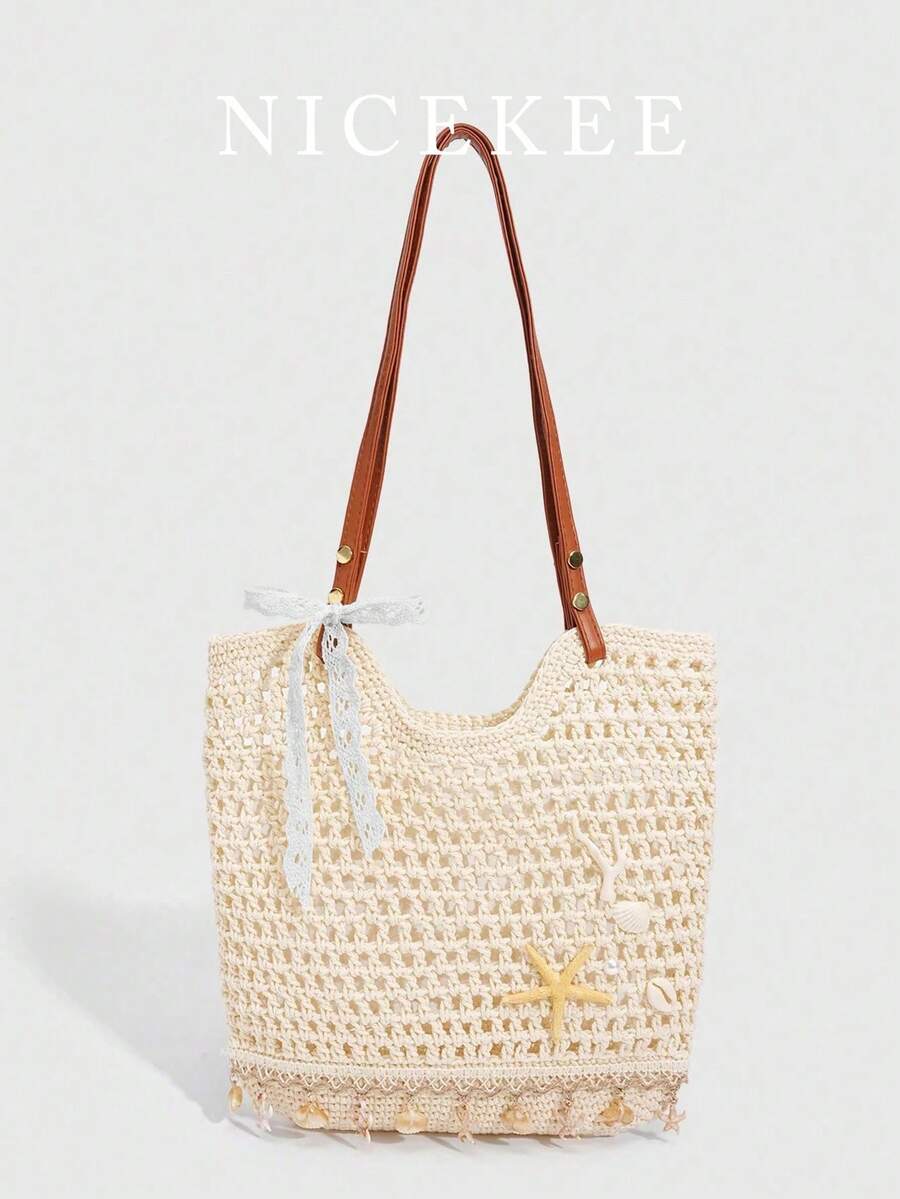 Bolso de hombro de diseño minimalista y exclusivo con diseño hueco, bolso de mano de gran capacidad con decoración clásica y popular de estrella de mar, bolso de sobaco multifuncional y versátil para mujer, adecuado para el uso diario, citas y vacaciones, etc. - Beis - Ver 1