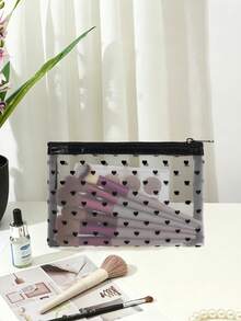 1pc Handless Black Heart Print Mesh Makeup Bag, See-Through Zipper Design Portable Brush Holder Pouch, Ins Style - Multicolor - View 4