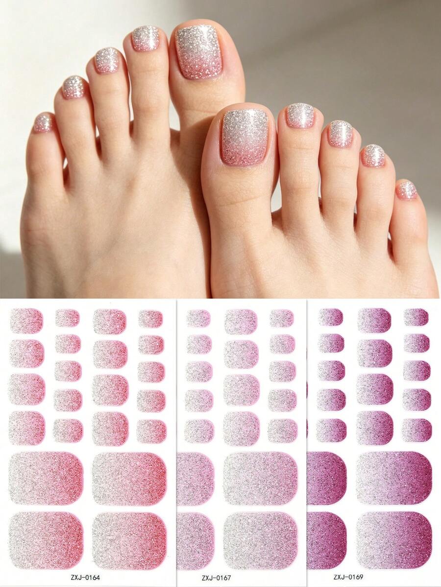 3pcs Gradient Glitter Toe Nail Wraps, Spring/Summer Exquisite Luxurious Toe Nail Strips,Easy To Apply,Suitable For Women's Vacation, Holiday Parties, Dates, And Home DIY Nail Stickers - Multicolor - View 1