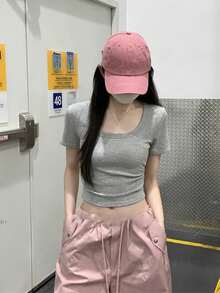 Áo thun ngắn tay cổ chữ U ôm dáng phong cách Hàn Quốc, màu trơn, thiết kế nhún, dáng croptop, casual mùa hè - Xám - Xem 1